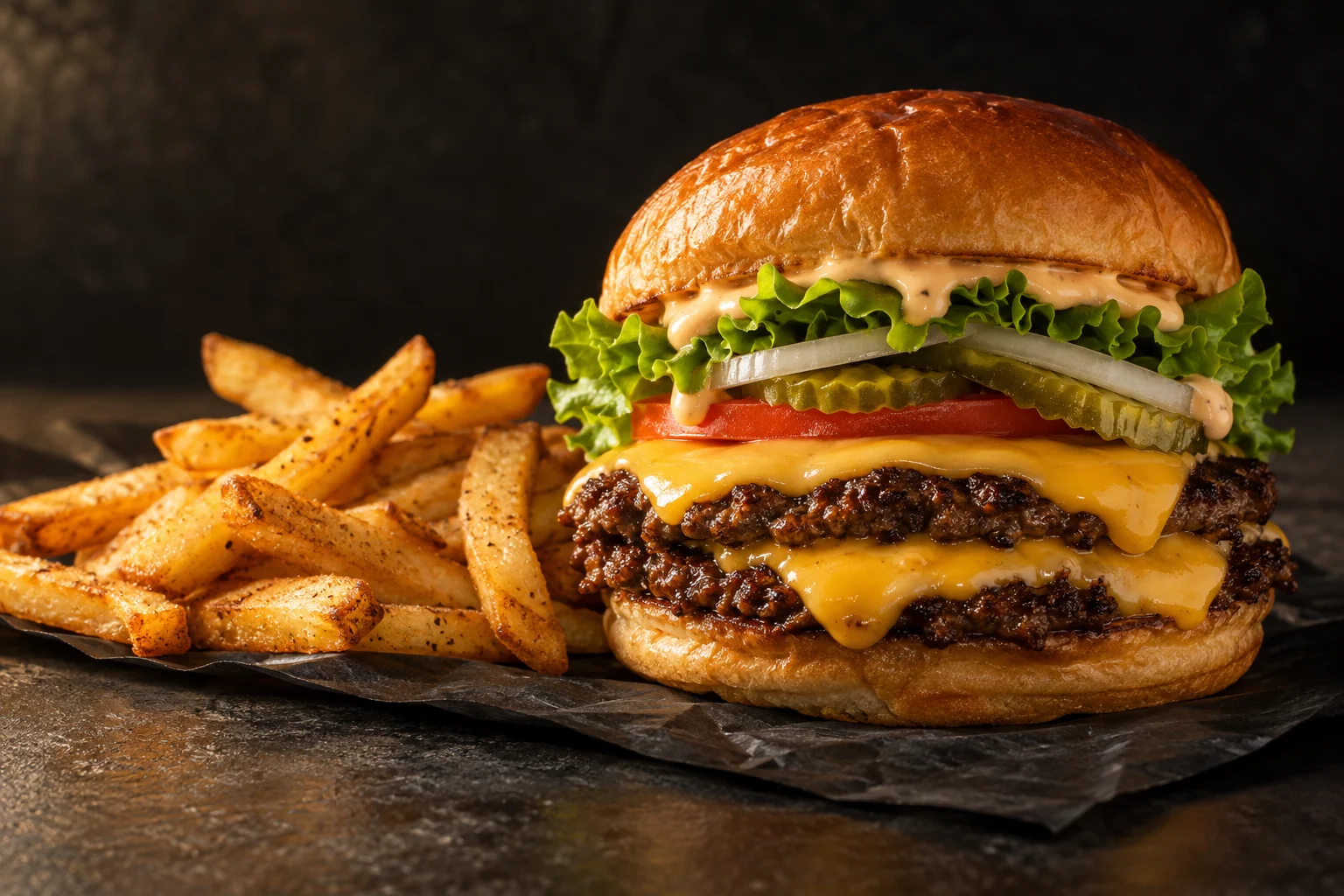 Illustrative double smash burger with melted cheese and golden fries